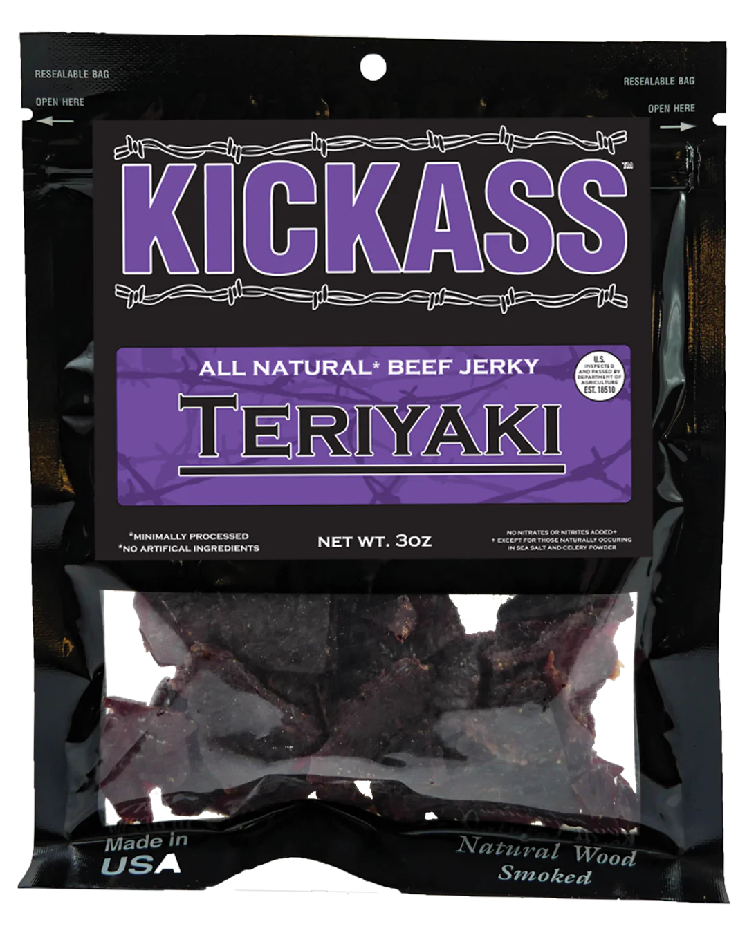 KICKASS ALL NATURAL TERIYAKI BEEF JERKY (6) 3oz bags