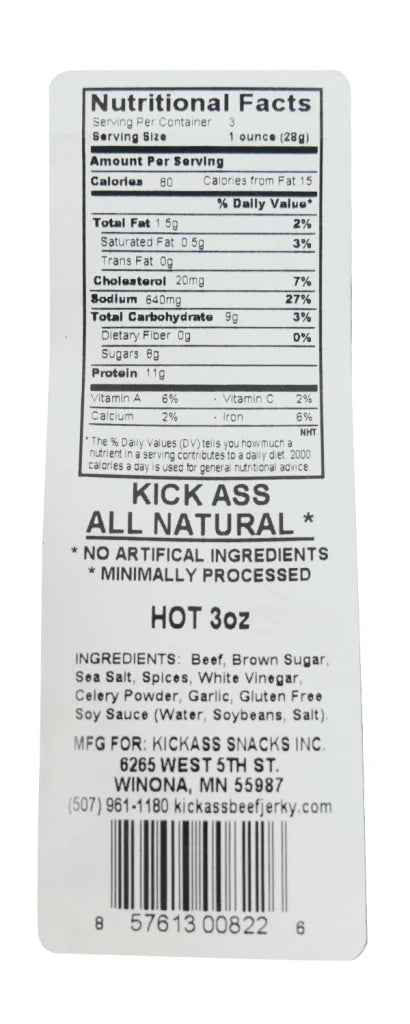 KICKASS ALL NATURAL HOT BEEF JERKY