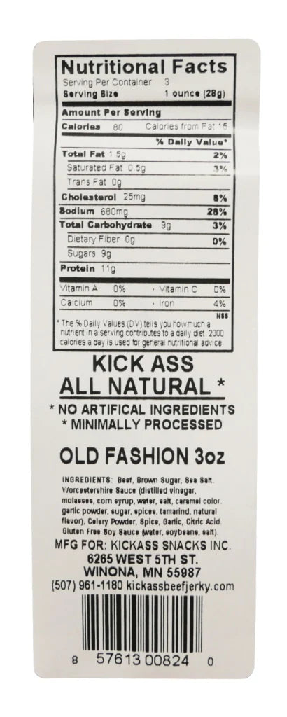 KICKASS ALL NATURAL OLD FASHION BEEF JERKY (6) 3oz bags