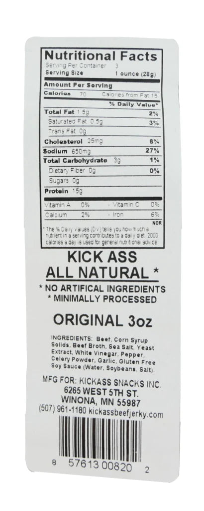 KICKASS ALL NATURAL ORIGINAL BEEF JERKY (6) 3oz bags