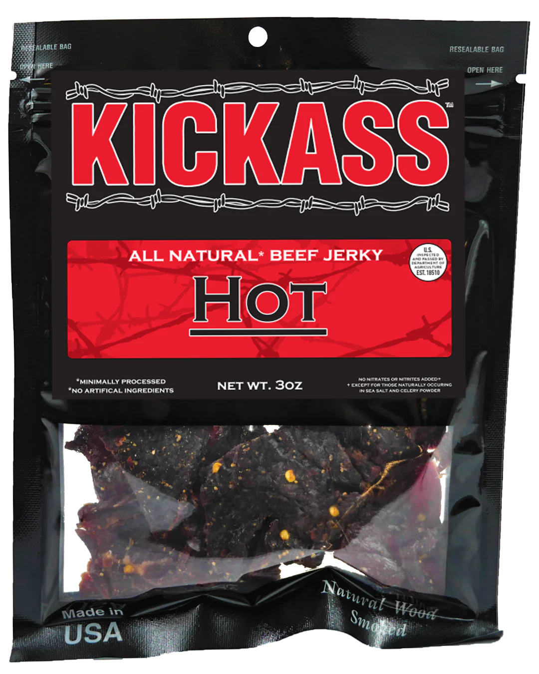 KICKASS ALL NATURAL HOT BEEF JERKY (6) 3oz bags