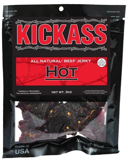 KICKASS ALL NATURAL HOT BEEF JERKY (6) 3oz bags