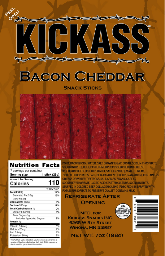 KICKASS BACON CHEDDAR SNACK STICKS (4) 7oz PACKAGES