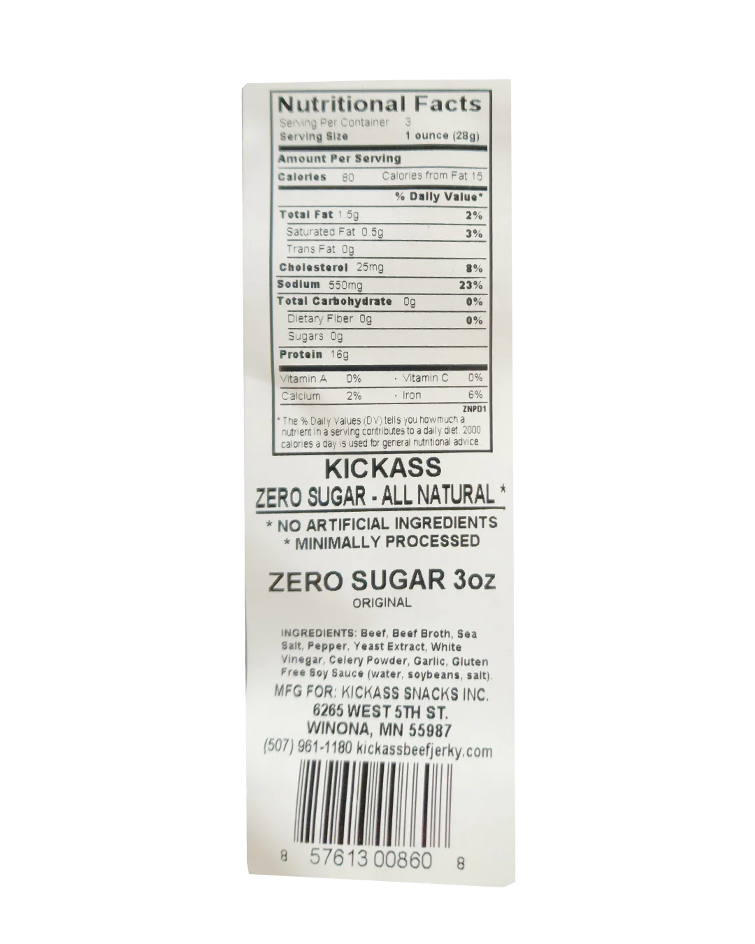 KICKASS ALLNATURAL ZERO SUGAR ORIGINAL BEEF JERKY