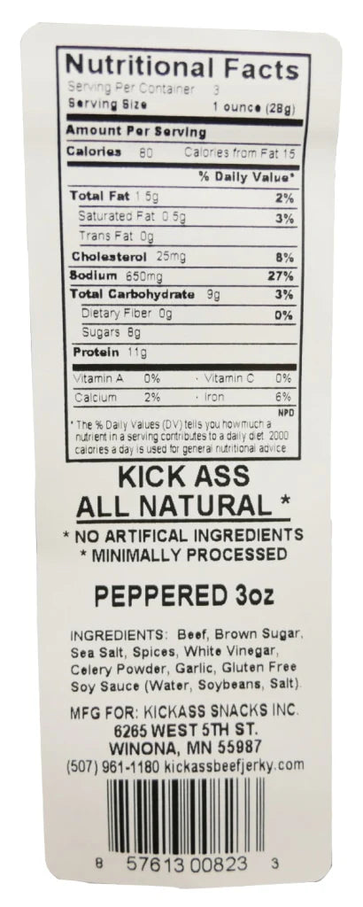 KICKASS ALL NATURAL PEPPERED BEEF JERKY